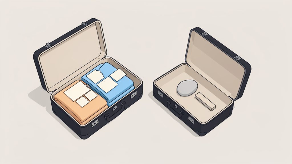 Minify JS Online: Fast JavaScript Minification for Small Sites 2 A suitcase packing analogy: on the left an open suitcase with neatly folded clothes, labels, and notes (representing readable, development JavaScript); on the right the same suitcase compressed with only essentials visible, no labels (representing the minified production file).