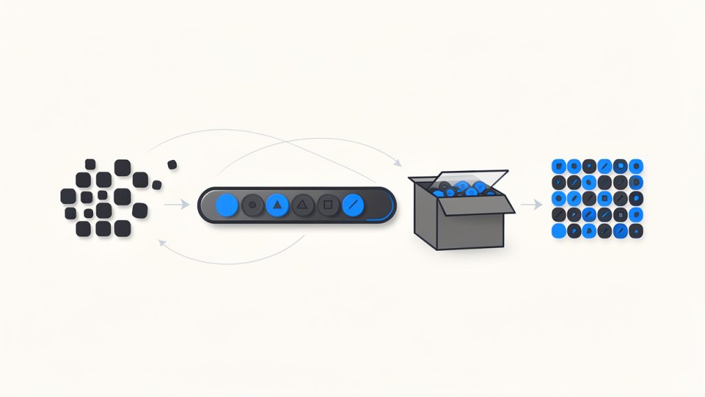 Cara Mengonversi Base64 ke Berkas Gambar (Panduan Cepat) 2 Visual metaphor showing raw image bytes being 'packed' into a Base64 text string and then unpacked back into bytes — include a simple conveyor: bytes (binary) -> Base64 characters (A–Z, a–z, 0–9, +, /, =) boxed for transport -> decoded bytes (image file).
