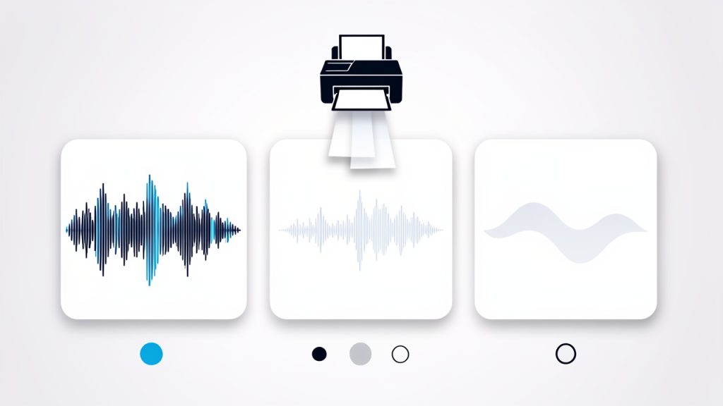 A clear visual metaphor showing that re-encoding a lossy file can’t restore lost detail: a high-resolution waveform or image labeled “Original (WAV/FLAC)” → a slightly degraded waveform labeled “MP3 (compressed)” → a further-processed waveform labeled “Re-encoded to AAC”. Include a photocopy-machine or stencil/copy icon above the sequence and a short caption like “You can’t undo lost data — copying a copy degrades quality.”