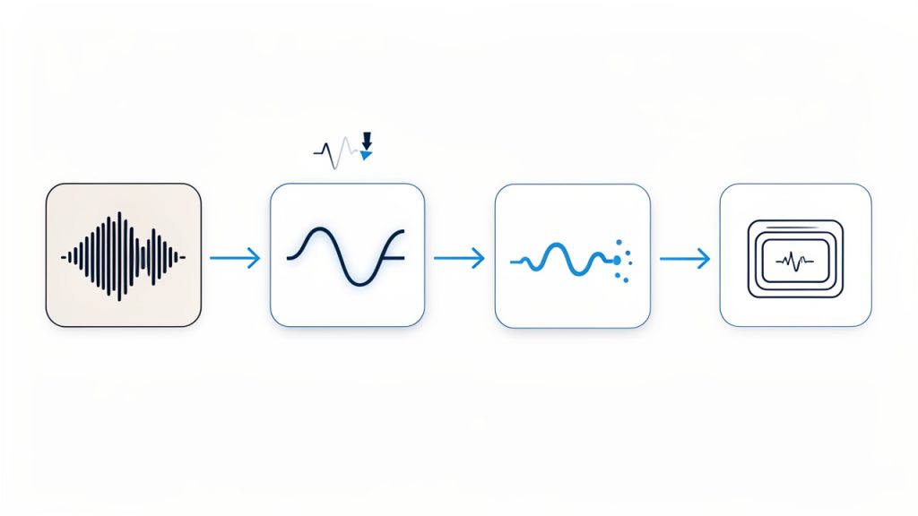 A step-by-step conversion flow diagram: MP3 (compressed) -> decode to PCM (raw audio) -> encode to AAC -> wrap in M4A container. Include side notes: 'Re-encoding can reduce quality', 'Sample rate usually unchanged', and an icon showing metadata mapping (ID3 -> MP4 tags) with a warning about album art/custom fields.