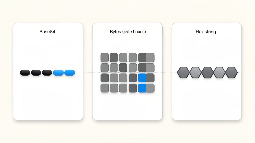 A concrete example panel that shows the three parallel representations of the same data: left column 'Base64: SGVsbG8=', middle 'Bytes (hex pairs): 48 65 6c 6c 6f' shown as byte boxes, right 'Hex string: 48656c6c6f'. Optionally include a small label 'represents the ASCII text "Hello"' to tie to human-readable text.