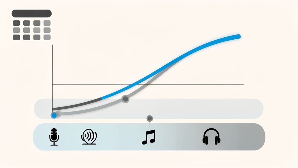 A simple chart comparing perceived audio quality vs bitrate for MP3 and AAC: horizontal axis = bitrate (low → high), vertical axis = perceived quality. Two curves show AAC higher than MP3 at the same bitrate. Add markers or callouts for the suggested bitrate ranges for voice (64–96 kbps), podcasts (96–128 kbps), casual music (128–192 kbps), and higher-quality music (192–256 kbps).