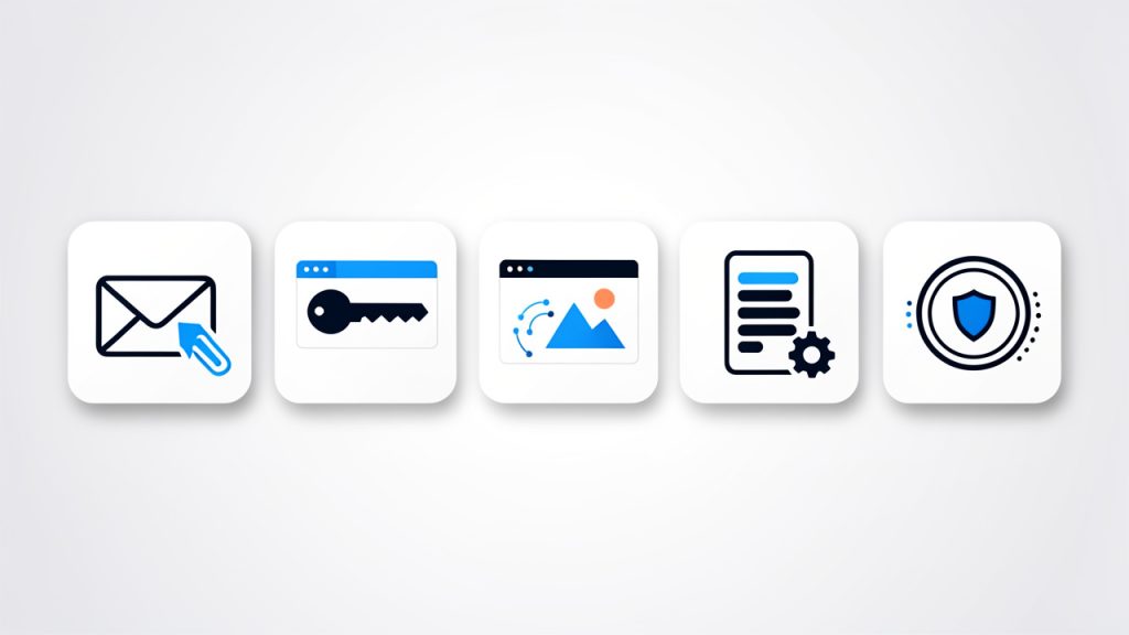 Una ilustración de varias escenas (rejilla de iconos pequeños) mostrando lugares comunes donde Base64 aparece: un correo con un adjunto, un encabezado HTTP etiquetado 'Authorization: Basic ...', una página web con una URL de datos incrustada, un fragmento de configuración JSON y un token firmado. Cada escena incluye una etiqueta corta como 'Correo', 'API', 'Incrustación de imagen', 'Configuración', 'Token'.