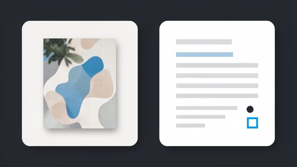 Side-by-side comparison: left panel shows a scanned PDF page rendered as a photographic image (pixel grid visible when zoomed) and labeled 'Scanned / image-based (harder to compress)'; right panel shows a text-based PDF page with crisp selectable text and lightweight layout icons labeled 'Text-based / generated (compresses better)'.
