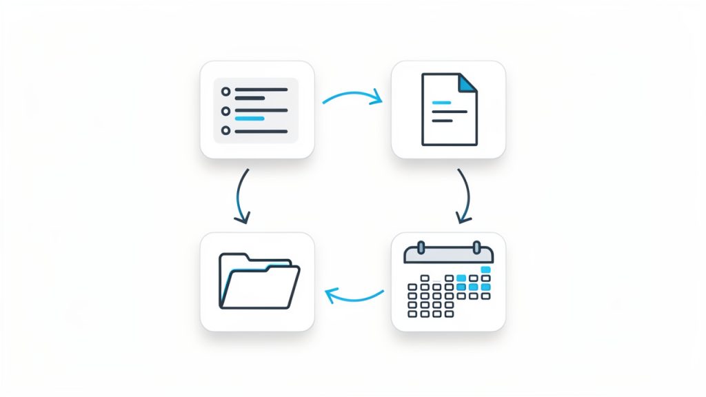 Free Productivity Tools That Actually Save Time 16 A clear workflow diagram showing four connected boxes/icons: Tasks → Notes → Calendar → File Storage, with arrows indicating flow between them and small labels like 'create', 'schedule', 'store', 'reference' to show how the tools interact in a simple loop.