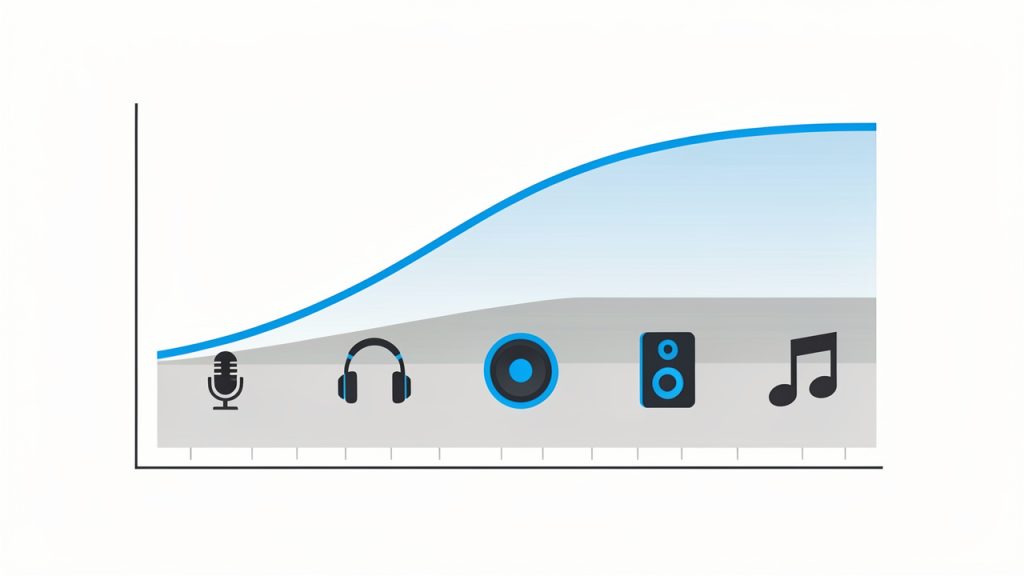 Bitrate vs. quality chart: a clean line/area chart with bitrate on the x-axis (e.g., 96, 128, 192, 256, 320 kbps) and perceived audio quality on the y-axis. Mark recommended ranges with icons: 96–128 kbps labeled "voice notes/internal", 128–192 kbps "podcasts/tutorials", 192 kbps "presentations/demos", 256–320 kbps "music/polished media". Also show a secondary visual cue (smaller bars or faded area) indicating file size decreasing with bitrate. Add short notes about trade-off: "higher bitrate = better quality & bigger file".