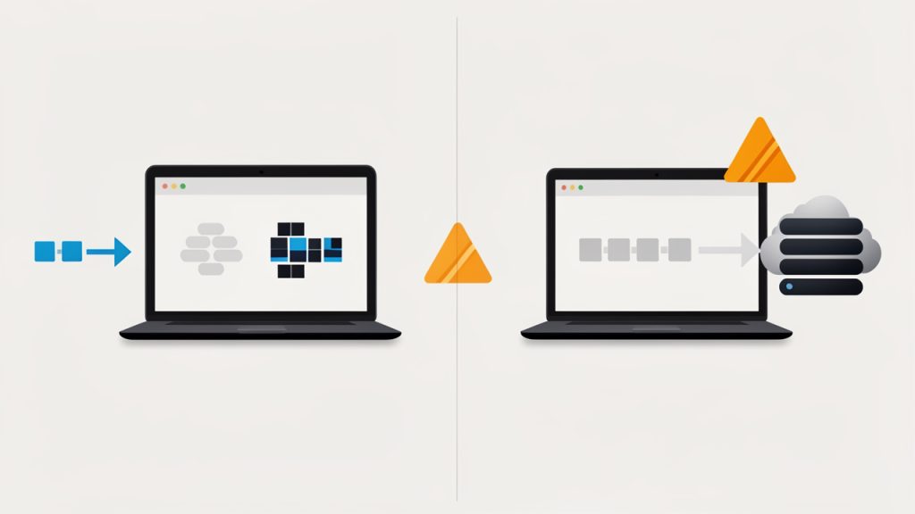 Schematic diagram comparing browser-based (client-side) encryption vs server-side processing: on the left, a laptop with text that is transformed into ciphertext inside the browser, with an arrow showing only ciphertext leaving the device; on the right, a laptop sending plaintext to a remote server which then returns ciphertext — include a warning icon by the server path to indicate higher exposure.