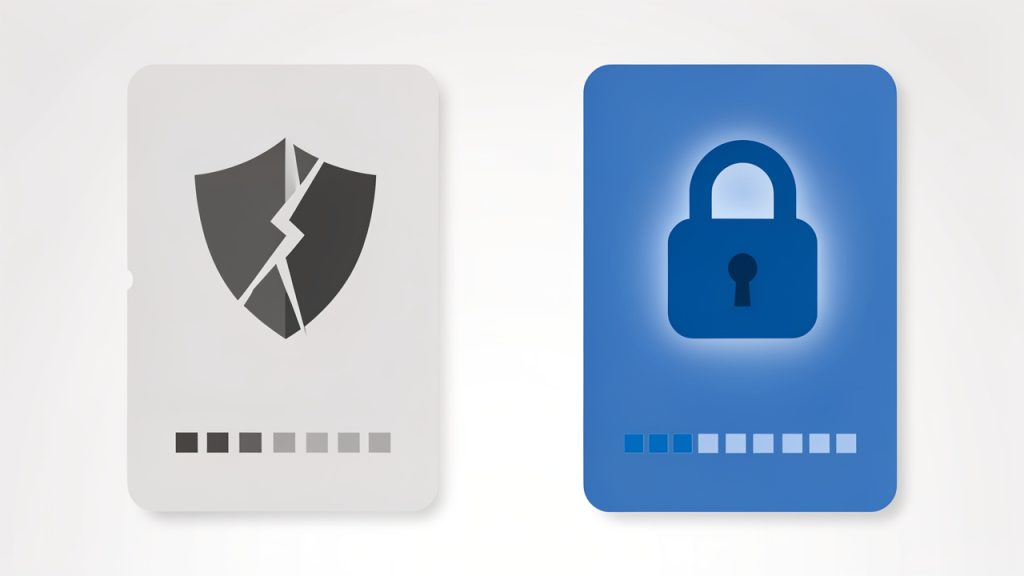 Una visuale comparativa MD5 vs SHA-256: due barre o box con lunghezze di bit etichettate (128-bit vs 256-bit), lunghezze di digest di esempio (32 caratteri esadecimali vs 64 caratteri esadecimali), e icone o codifica a colori che indicano 'debole/legacy' per MD5 e 'forte/raccomandato' per SHA‑256.