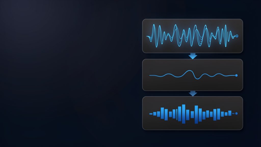 A simple three-tier quality diagram showing waveforms or bars: top tier labeled “Source (highest possible quality)” (e.g., WAV or original master) with a full, detailed waveform; middle tier labeled “AAC (compressed)” with slightly simplified waveform; bottom tier labeled “MP3 after conversion” with further simplification/artefacts. Include a short annotation: “Re-encoding a lossy file can’t restore lost data — expect some quality ceiling.”