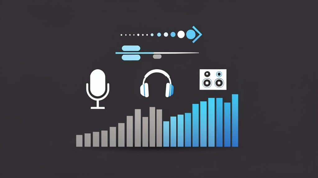 A bitrate scale illustration: a horizontal slider or graduated bars from low to high bitrate. Low end labelled (e.g. 64–128 kbps) with icons for 'spoken-word / small size'; middle labelled (192–256 kbps) with a headphone icon for 'good music on phones'; high end labelled (320 kbps) with studio monitor icon for 'best MP3 quality.' Include file size vs quality arrows.