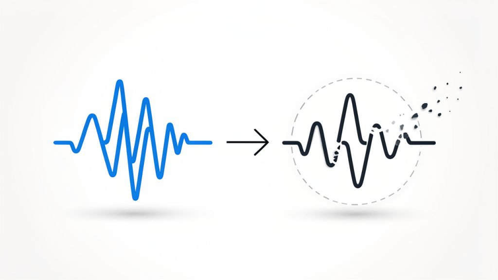 Re-encoding diagram: a waveform labeled “Original MP3” -> arrow labeled “Re-encode to WMA” -> slightly altered waveform labeled “WMA (re-encoded)”. Small note pointing to difference: “Possible additional quality loss — conversion doesn’t restore lost detail”.