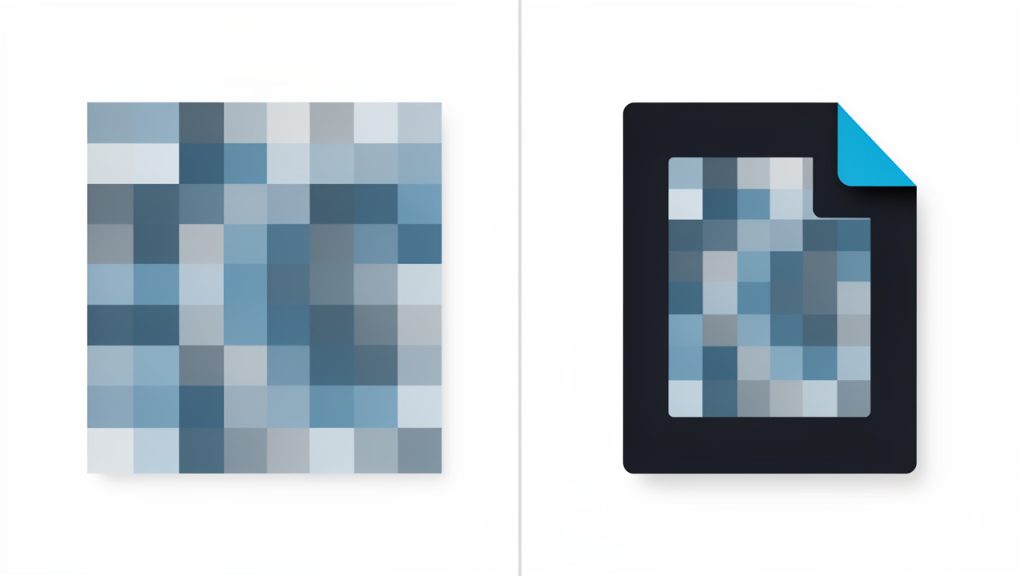 Should You Convert MP3 Files to FLAC? What It Really Does 6 Metaphor illustration: a low-resolution image (blurry, pixelated) being saved as a PNG. The PNG file looks crisp file-icon-wise but the image detail remains blurry. Overlay text: 'Converting to lossless cannot recreate lost detail.'