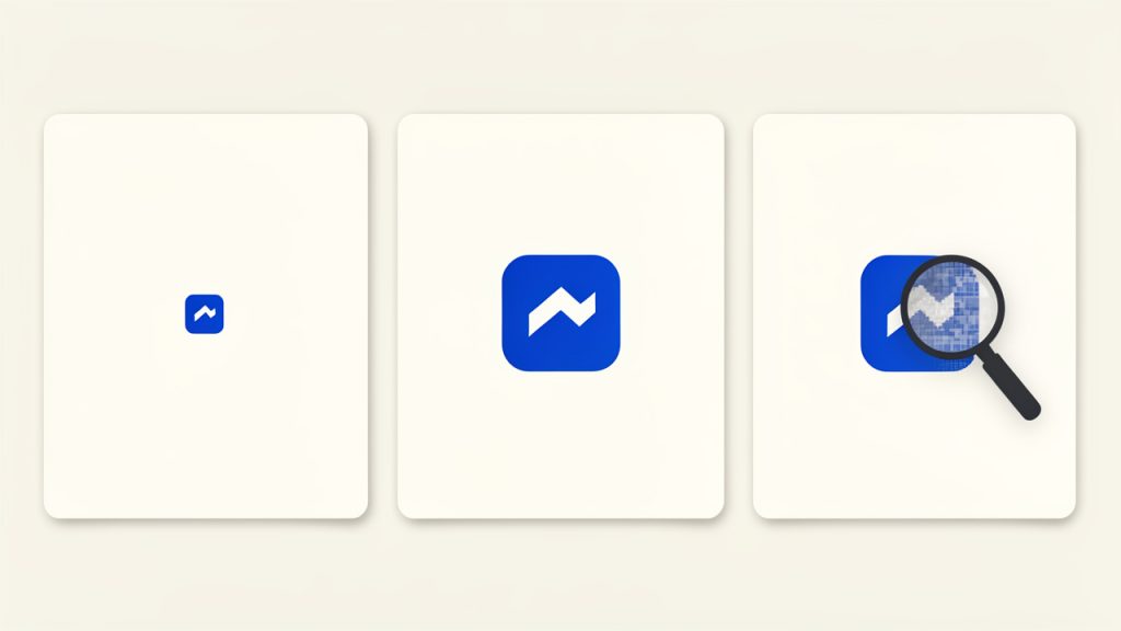 A three-panel example of the same graphic exported at different PNG widths (e.g., 150px, 300px, 900px). Show the small export appearing crisp for small use, the mid-size as appropriate for web, and the too-small/upsampled image looking blurry. Label each panel with its pixel dimensions and a short note about appropriate use.