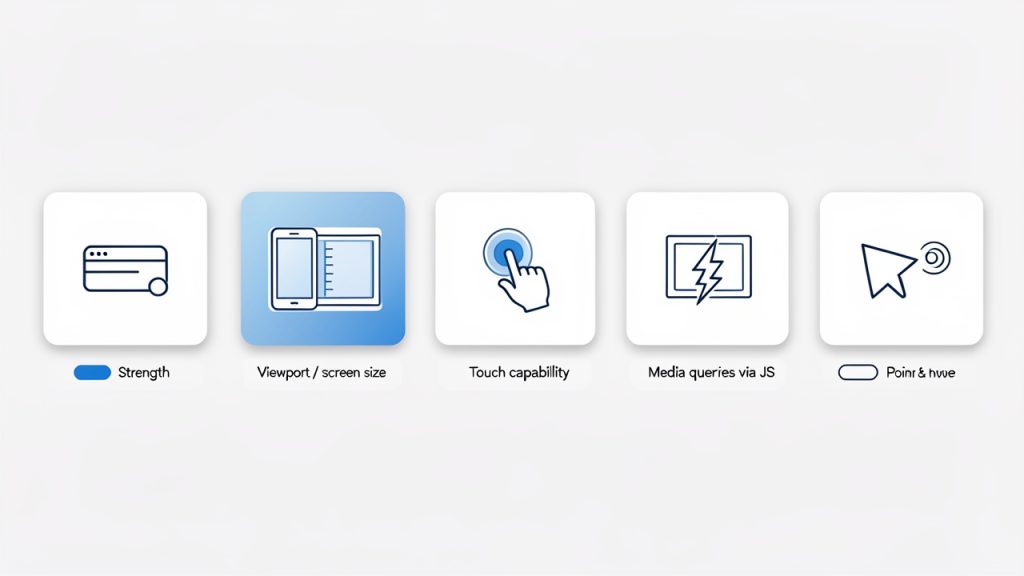 Infographic showing main detection methods as tiles: User agent, Viewport, Touch, Media queries, Pointer & hover