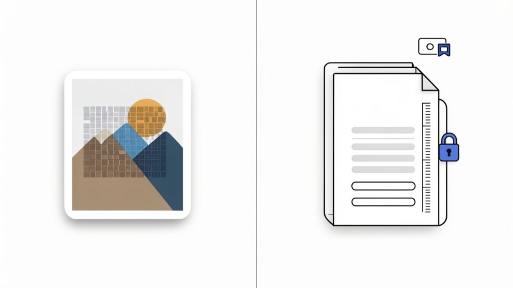 How to Convert JPG Images to PDF — Easy Methods & Best Tools 2 Side-by-side illustration comparing a JPG (single floating photo) and a PDF (stack of pages in a document container with icons for metadata, password lock, and text layer). The JPG side shows lossy compression artifacts; the PDF side shows multiple pages, page size ruler, and a lock to indicate security.