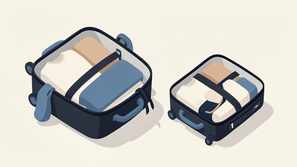 Visual suitcase packing analogy: JPG bulky and overflowing, AVIF neatly packed, caption: Same content, less space