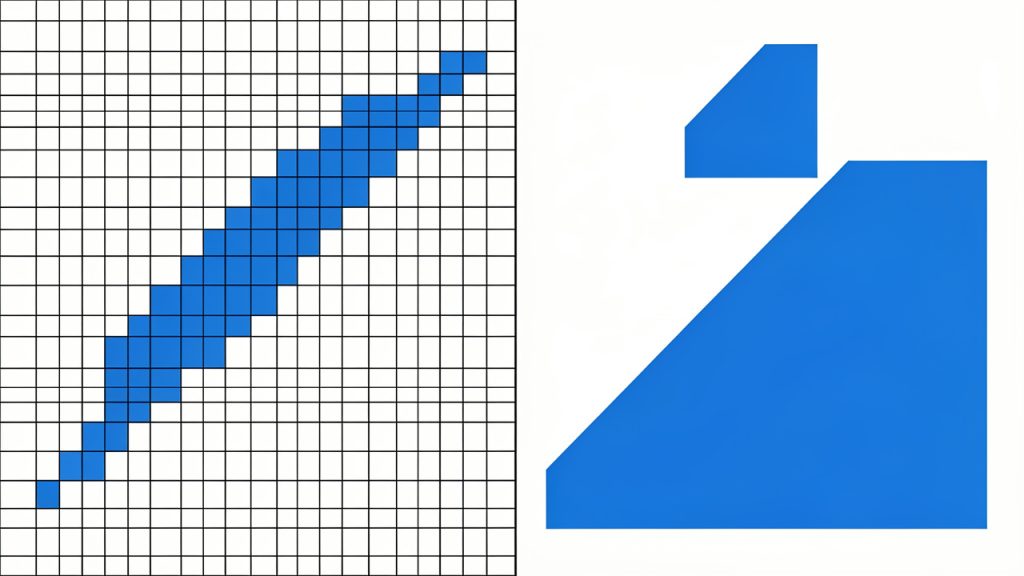How to Convert JPG to SVG for Sharp Logos and Icons 2 Side-by-side comparison showing a JPG (zoomed-in pixel grid with jagged edges when enlarged) next to an SVG (same artwork rendered with smooth vector paths at multiple sizes). The SVG side should show crisp scaling from small to billboard size, while the JPG side shows pixelation when enlarged.