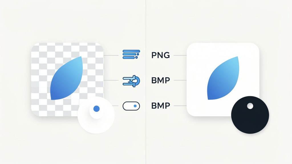 Side-by-side visual comparison of PNG vs BMP: two example images (same artwork) shown next to each other. Left labeled PNG with a small file-size tag, checkerboard behind transparent areas, and a note 'lossless compressed'. Right labeled BMP with a much larger file-size tag, transparent areas filled with a solid background (e.g., white), and a note 'often uncompressed / limited transparency'. Include simple callouts for Compression, Transparency, and Typical Use.