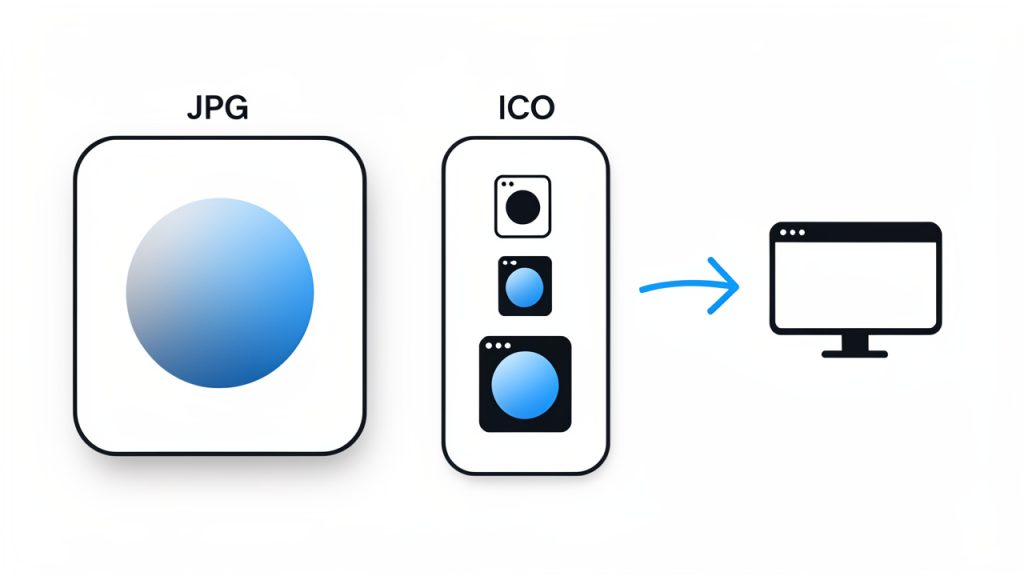 How to Convert a JPG into a Professional ICO File 2 Side-by-side diagram showing a single JPG image on one side and an ICO file on the other containing multiple embedded icons at different pixel sizes (16x16, 32x32, 48x48, 64x64). Label the ICO variants and show an arrow indicating the OS/browser choosing the appropriate size.