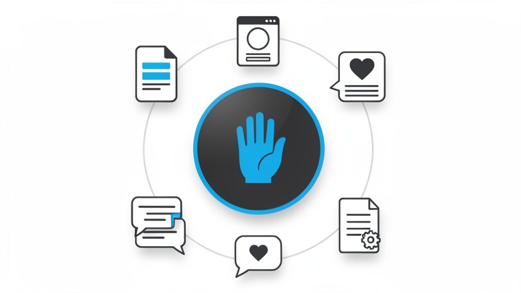 A visual that shows different types of 'new manual post'—icons for a blog article, product listing, social media update, forum thread, and CMS entry—arranged around a central label 'New Manual Post' to show the concept applies across platforms.