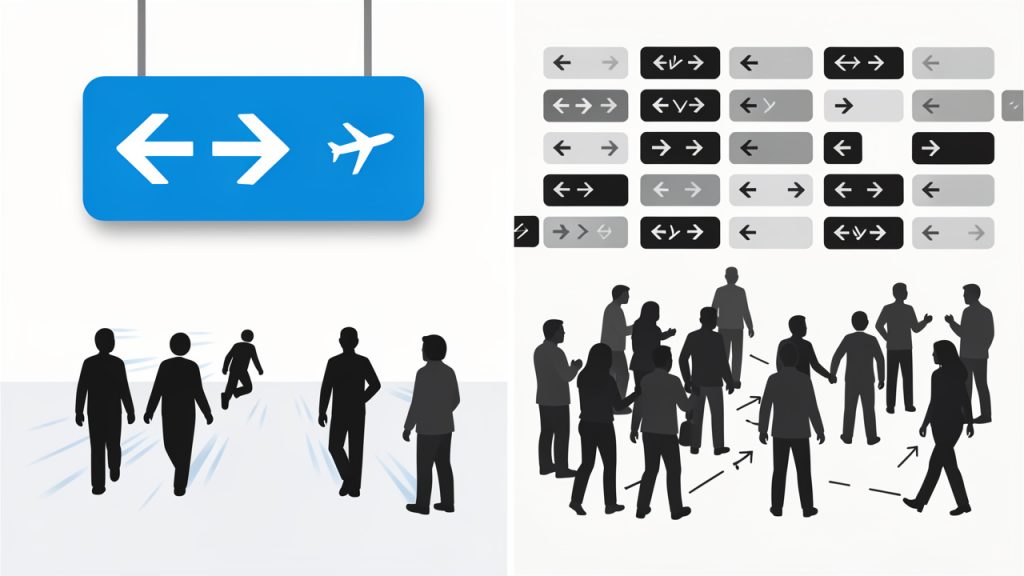 How to Write Effective Technical Documentation 11 Split-screen airport signage metaphor: left side shows clear, consistent directional signs (large arrows, readable labels) with people flowing smoothly toward gates; right side shows cluttered/confusing signs (inconsistent labels, small text, conflicting arrows) with people stopping, backtracking, and asking for help. Visual emphasis on speed vs friction.
