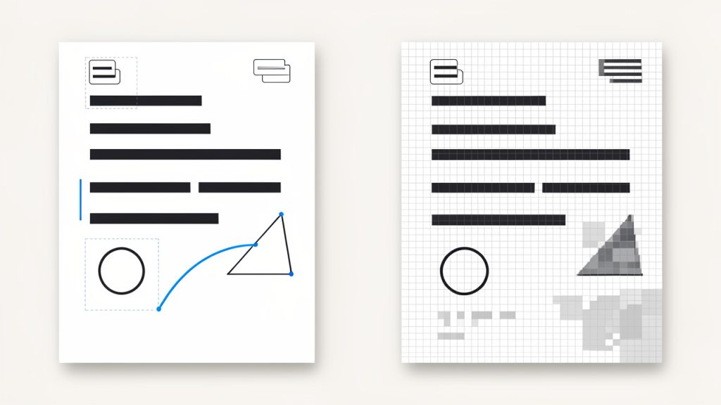 Side-by-side comparison: left shows a PDF page with selectable text, vector shapes, multiple layers; right shows the same page flattened into a PNG raster image