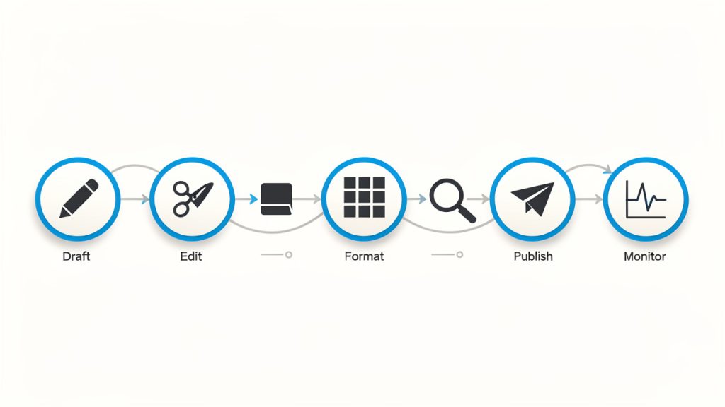 How to Create and Publish a Manual Post 4 A clean flowchart showing the simple repeatable workflow: Draft → Edit → Format → Review → Publish → Monitor. Each step is an icon with a one-line note (e.g., "Edit: clarity & tone", "Monitor: engagement signals").