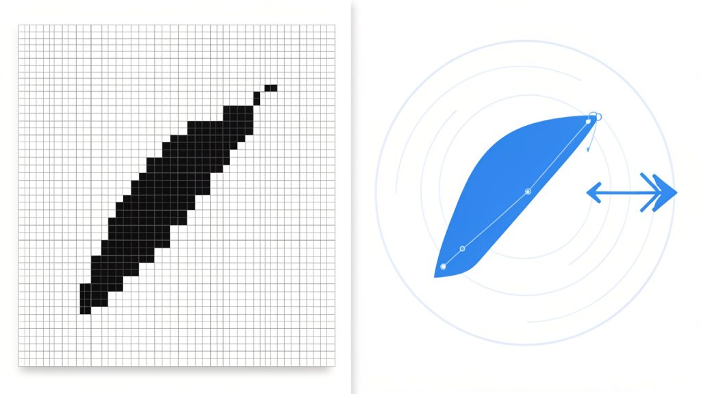 How to Convert PNG to SVG: Tools and Best Practices 2 Side-by-side illustration: left — a zoomed-in PNG showing a pixel grid and visible jagged edges; right — the same artwork rendered as an SVG with smooth curves and mathematical path outlines. Include labels “PNG (raster, pixels)” and “SVG (vector, paths)” and an arrow indicating infinite scaling on the SVG side.