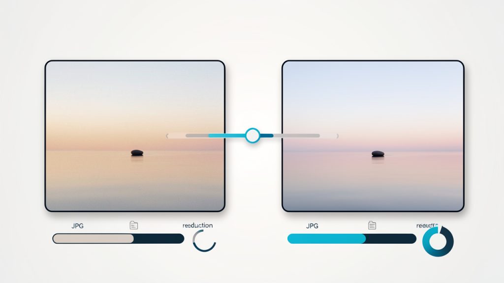 Side-by-side JPG vs WebP comparison showing file sizes, subtle quality slider overlay (JPG: 420 KB, WebP: 120 KB)