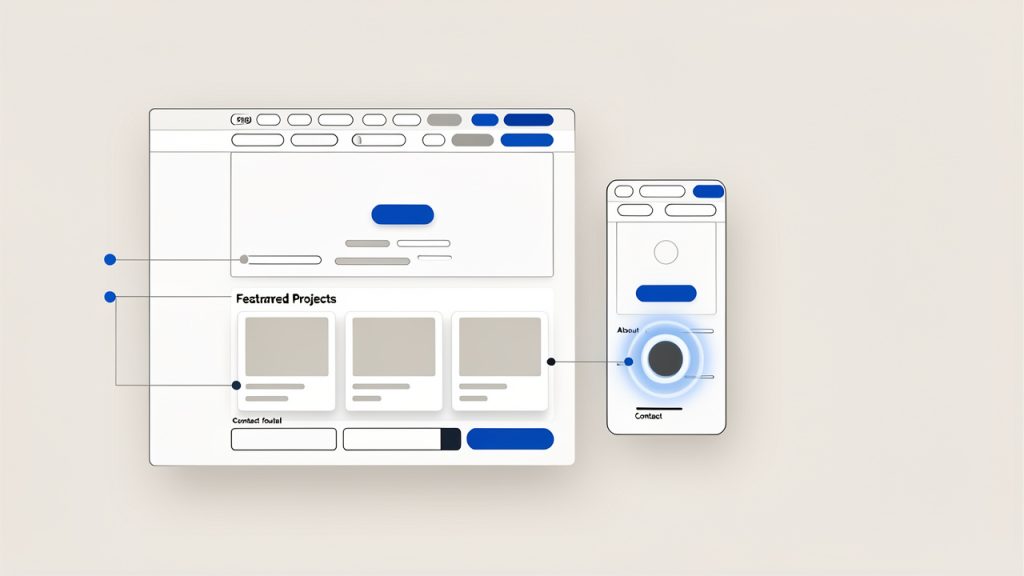 A clean, minimal wireframe of a small portfolio site (desktop and mobile thumbnails) showing a top nav, hero section with headline and CTA, a 'Featured Projects' grid with 3 project cards, a compact 'About' block, and a 'Contact' footer. Labels annotate each area (Home, Projects, About, Contact) and a note: "one central goal per page."