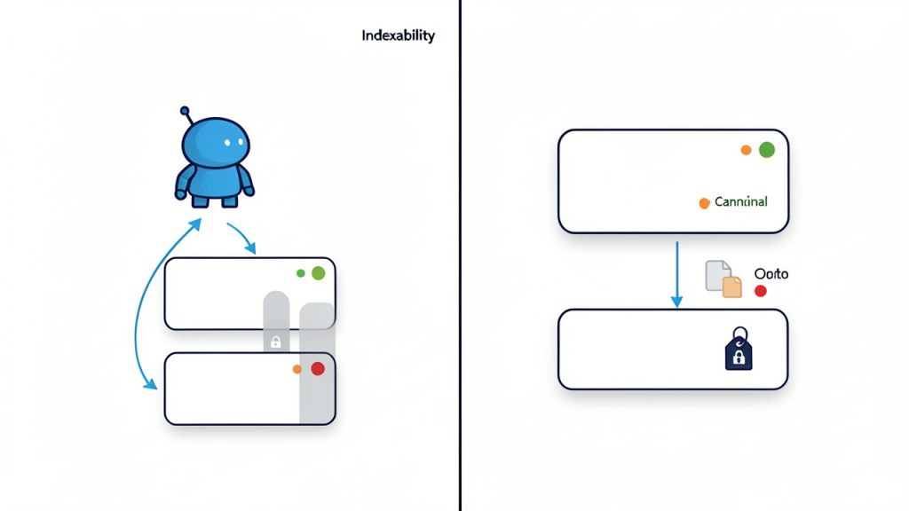 Technical SEO Checklist for Developers: Essential Tasks 14 A split diagram showing "Crawlability" on the left and "Indexation" on the right. Left side: a crawler bot reaching pages with green (200), red (404/410), and orange (301) status code labels and arrows showing accessible vs blocked URLs. Right side: the same pages with meta robots tags, canonical tags, and robots.txt decisions determining which pages are stored in an index (some go into an index box, others are excluded).