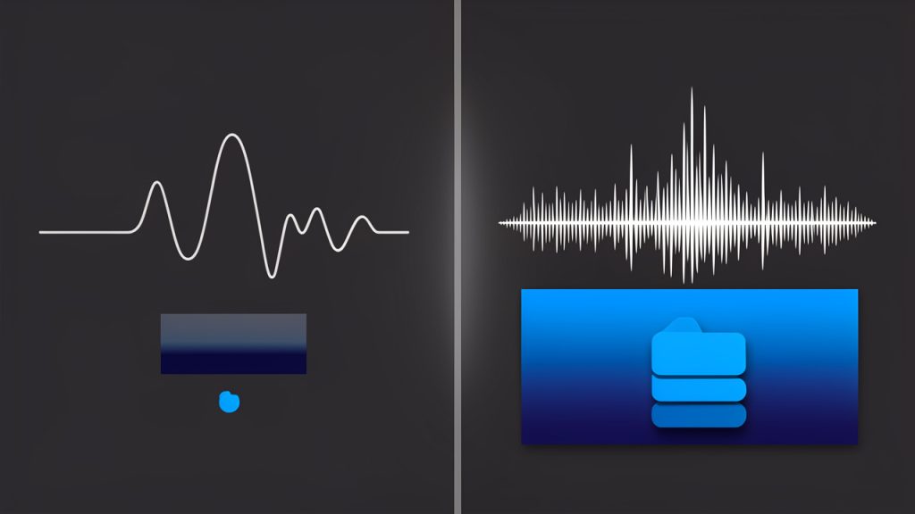 How to Convert MP3 Files to AIFF — Fast, Lossless Guide 2 Split-screen illustration comparing MP3 vs AIFF: left side labeled “MP3 (lossy)” shows a waveform and spectrogram with attenuated high-frequency content and visible compression artifacts, plus a small file-size icon; right side labeled “AIFF (uncompressed)” shows a fuller waveform and dense spectrogram with preserved detail and a large file-size icon. A short caption reads: “MP3 strips data to save space — AIFF preserves what remains.”