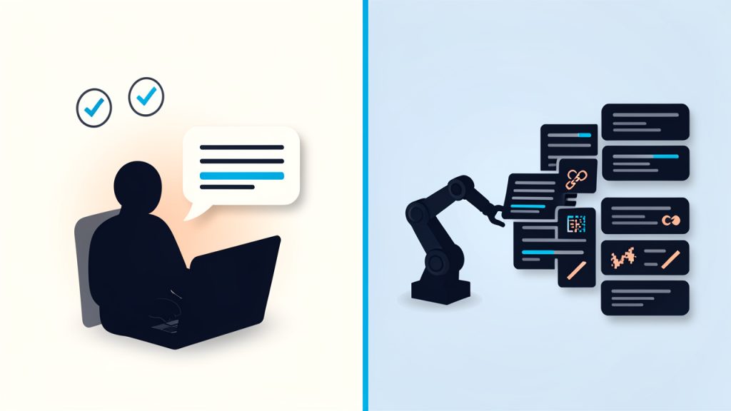 Split-screen comparison titled "Manual vs Automated Posting": left side shows a person at a laptop writing a tailored message with a speech-bubble preview, checkmarks for 'tone', 'context', 'accuracy'; right side shows an automated pipeline/robot pushing identical posts to multiple platforms with repeating content cards and small error icons (broken link, wrong date) to imply bluntness and risk. Use clear labels "Manual" and "Automated" and a small caption: "Intentional vs. blunt".