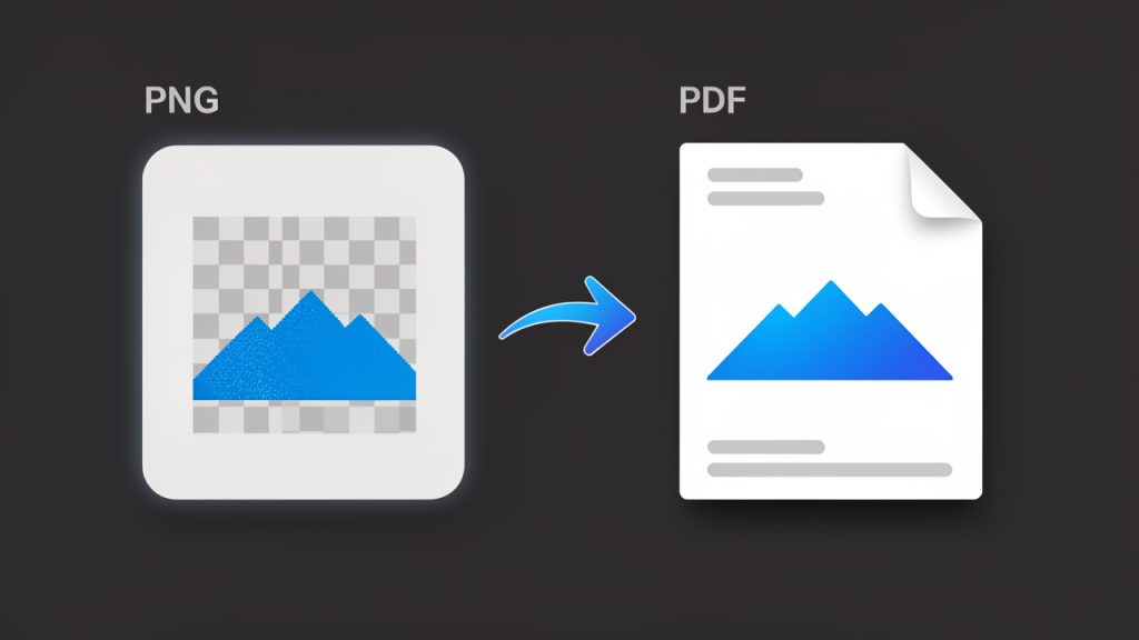 Side-by-side comparison showing a PNG image (thumbnail of a logo/screenshot with a checkerboard transparency background) on the left and a PDF document page (same image centered on a page with header/footer metadata) on the right, with an arrow labeled “Convert” between them. Visual cues: ‘PNG (lossless image)’ and ‘PDF (document wrapper)’ labels, small icons for file types, and a subtle note showing that layout and compatibility are added by the PDF.