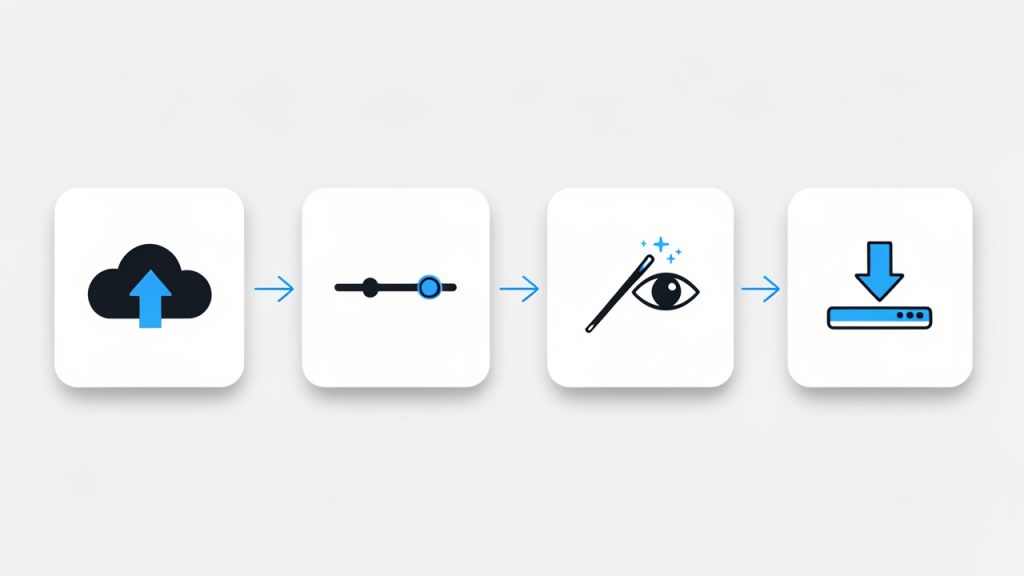 A simple process flow illustrating four steps: 1) Upload JPG, 2) Adjust quality/resolution, 3) Convert & preview, 4) Download & publish