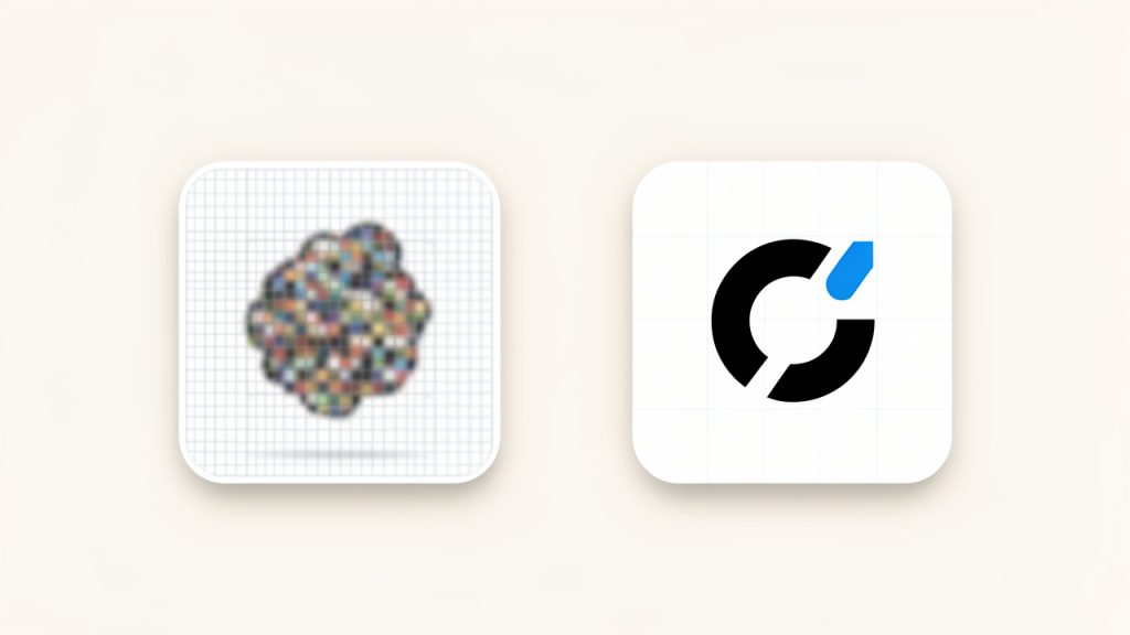 How to Convert a JPG into a Professional ICO File 3 Comparison of two icons at tiny size (16x16): one produced from a detailed photo/logo that looks muddy and unreadable, and one from a simplified monogram/symbol that remains clear and recognizable. Include captions like 'Too detailed → unreadable' and 'Simple → recognisable'.