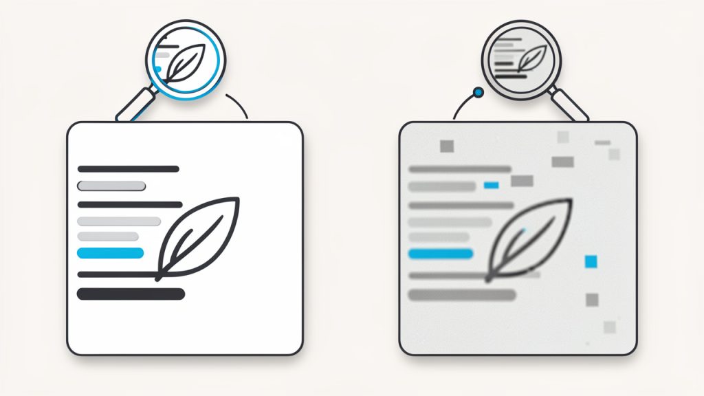 A two-panel comparison illustrating image quality effects: left panel shows the original sharp PNG (close-up of small text and line art, labeled ‘Source PNG — lossless’), right panel shows the same image after aggressive conversion/compression (blurred edges, artifacts, labeled ‘Compressed/optimized PDF — lower quality’). Include callouts for ‘resolution unchanged’ and ‘compression can soften text’.