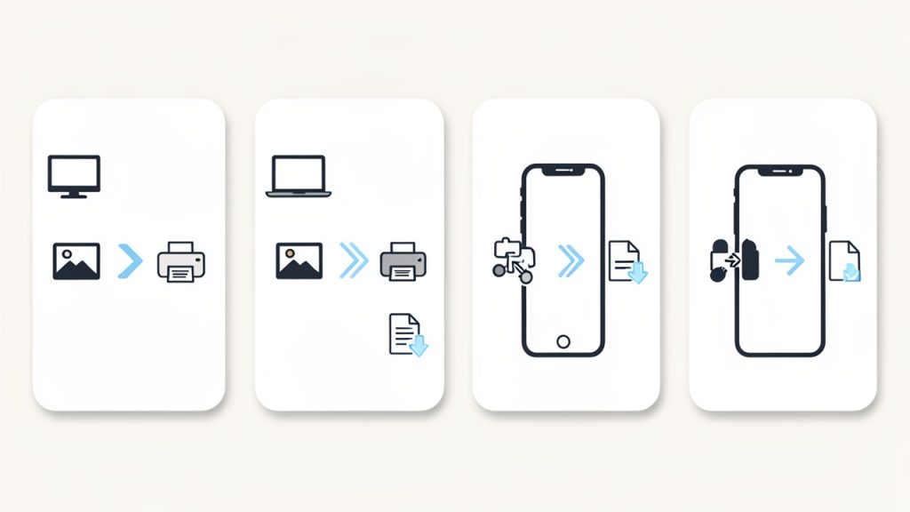 How to Convert JPG Images to PDF — Easy Methods & Best Tools 3 A simple platform workflow graphic with four labeled panels/icons: Windows (Photos -> Print -> Microsoft Print to PDF), macOS Preview (Open in Preview -> Print -> Save as PDF), iPhone/iPad (Photos -> Share -> Print -> pinch-out -> Save), Android (Gallery/Photos -> Share/Print -> Save as PDF). Each panel shows the minimal tap/click sequence with small device icons.
