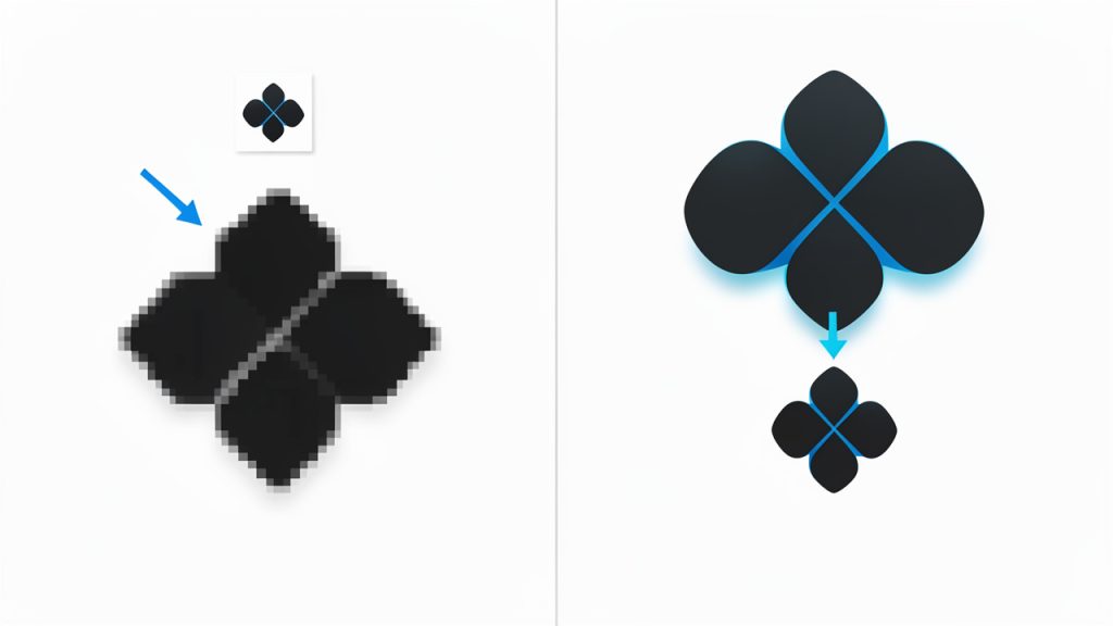 Side-by-side comparison showing the same logo: left column uses a small low-resolution PNG scaled up (blurry/pixelated), right column uses a large high-resolution PNG scaled down (crisp). Include captions like "Start small and scale up -> blurry" and "Start large and scale down -> clean."