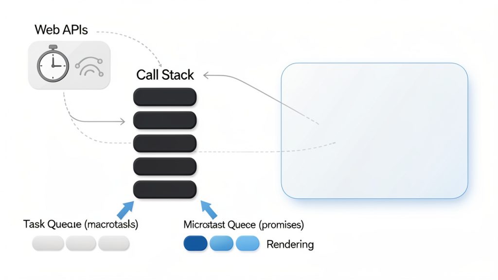 Simplified event loop diagram: display the Call Stack, Web APIs (timers, XHR), Task Queue (macrotasks), Microtask Queue (promises), and the Rendering step. Use arrows to show how functions go to the Call Stack, async callbacks move to queues, microtasks drain before rendering, and rendering happens when the stack is empty.