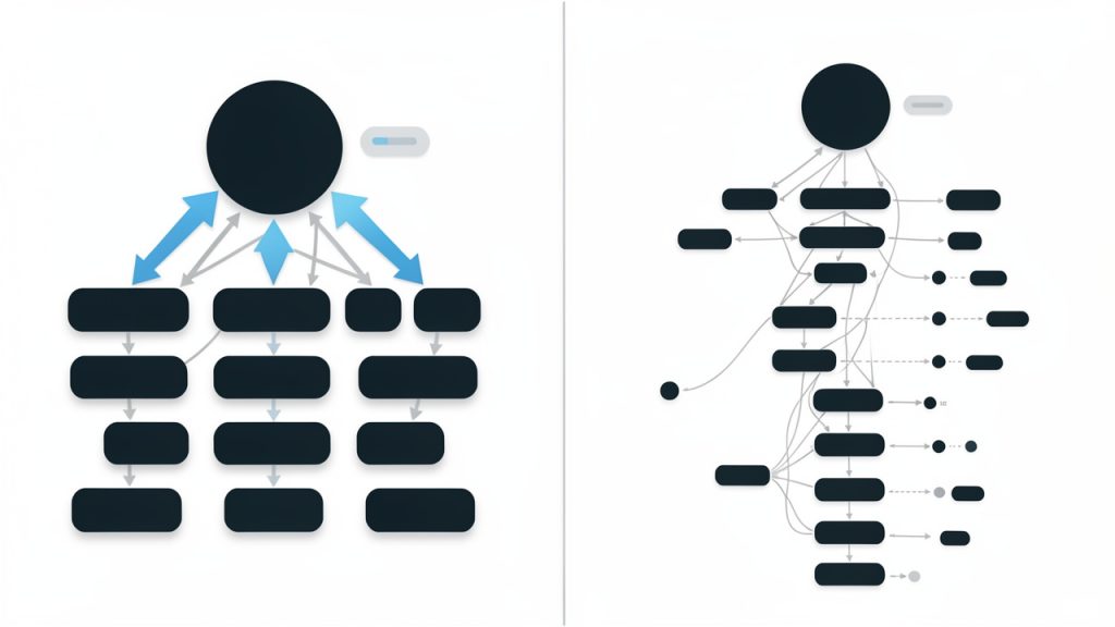 Technical SEO Checklist for Developers: Essential Tasks 15 A site-architecture illustration comparing two mini-sitemaps: (A) flat, logical structure where important pages are 1–2 clicks from the homepage, with clear nav and breadcrumb trails; (B) deep/fragmented structure showing many clicks, orphan pages with no incoming links, and filtered/JS-only links. Use arrows to indicate crawler discovery paths and show authority flow thicker on the flat structure.