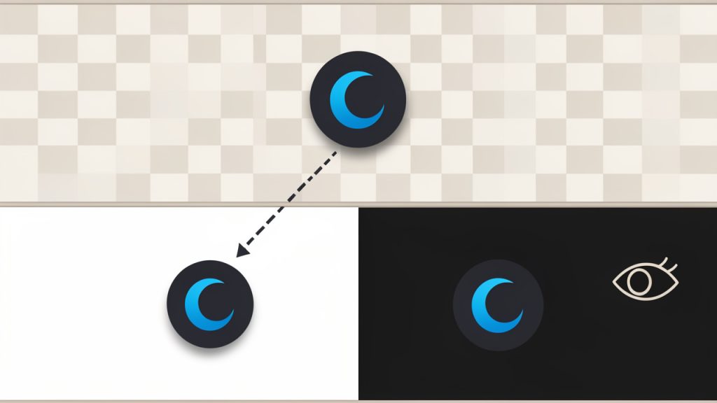Before-and-after transparency example: top shows original PNG with a logo over a transparent checkerboard; bottom shows the converted BMP where the transparent area has become a solid box (white or black). Add an annotation indicating that transparency may be lost or replaced and advise to check background color.