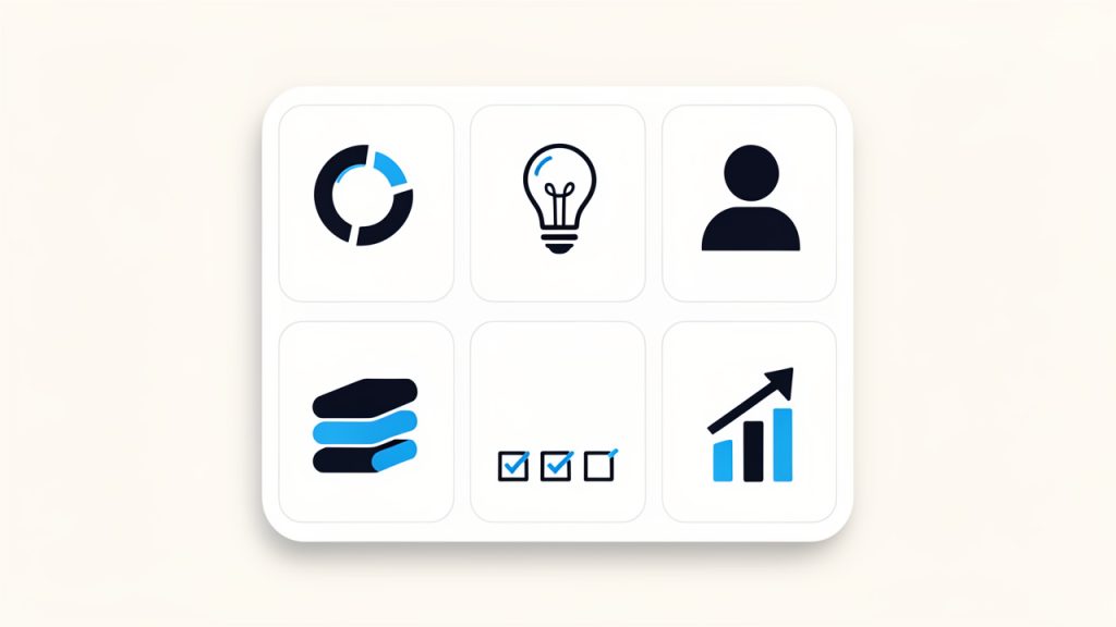A single project case-study card template divided into labeled sections: Challenge (problem statement icon), Solution (lightbulb/implementation), Role (person icon), Stack (tech icons or tag list), Key decisions (checkboxes), Result (metric or outcome). Keep layout compact so it can be reused for multiple projects.
