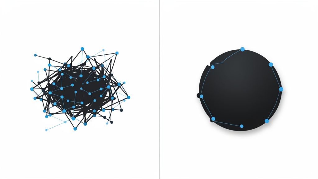 How to Convert JPG to SVG for Sharp Logos and Icons 3 Two-panel illustration of auto-tracing versus manual redrawing: left panel shows an auto-traced result with many rough anchor points, stray artifacts, and cluttered paths; right panel shows a clean, manually redrawn vector with simplified, smooth shapes and tidy anchor points.