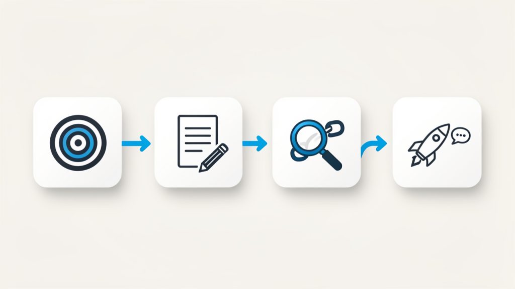 Simple linear workflow graphic with four connected boxes/icons: 1) Define goal (target icon + short phrase), 2) Draft the message (pencil and document), 3) Review for accuracy (magnifying glass over a link/date), 4) Publish & monitor (upload/rocket icon and a small chat/alert icon). Arrows connect each step; emphasize repetition and simplicity.
