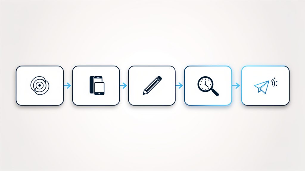 How to Create a New Manual Post That Connects 7 A simple left-to-right flow diagram of the lightweight posting framework: Define purpose → Choose platform → Write core message → Review for clarity & timing → Publish & monitor responses. Each step as a rounded box with a small icon and arrows between them.