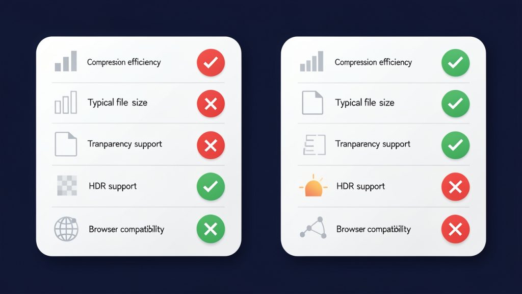 Feature-comparison infographic: JPG vs AVIF across compression efficiency, file size, transparency, HDR, and browser compatibility