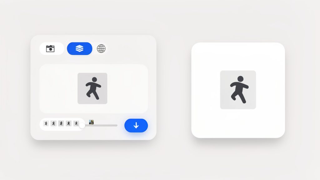Mockup of an online converter interface: upload area with a GIF preview, a timeline/frame scrubber to pick a frame, a format dropdown (PNG, JPG, WebP), and an export/download button. Show the exported single PNG preview to the right.