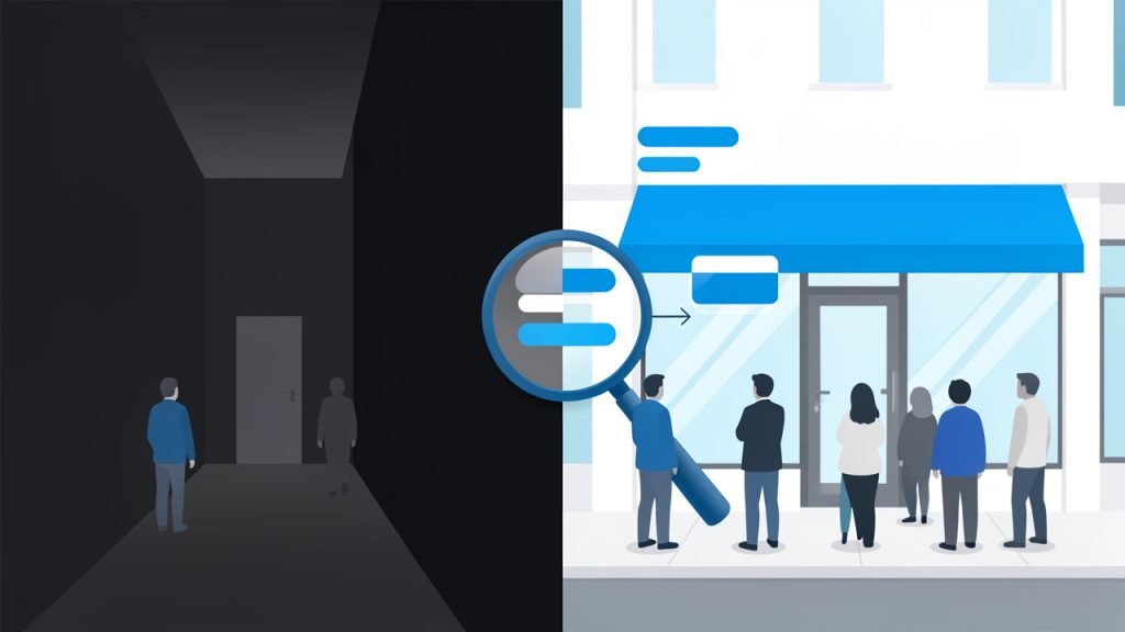 How Professional SEO Services Grow Your Business 34 Split-screen storefront: hidden alley vs busy main street with search magnifying glass