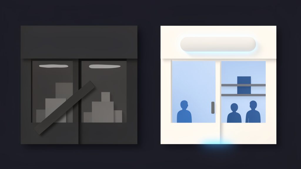 Technical SEO: A Practical Guide for Small Sites 31 A storefront analogy: two side-by-side shop fronts. Left: blocked entrance, poor signage, flickering lights, cluttered interior (represents bad technical SEO). Right: clear door, bright lighting, visible address, tidy interior with customers (represents good technical SEO).